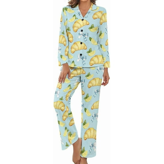 Top-kevin Womens Pajamas Set Croissant Pancake Strawberry Soft Long Sleeve Sleepwear Button Down Sets