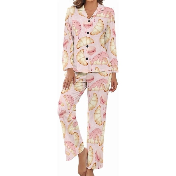Top-kevin Womens Pajamas Set Croissant Pancake Strawberry Soft Long Sleeve Sleepwear Button Down Sets