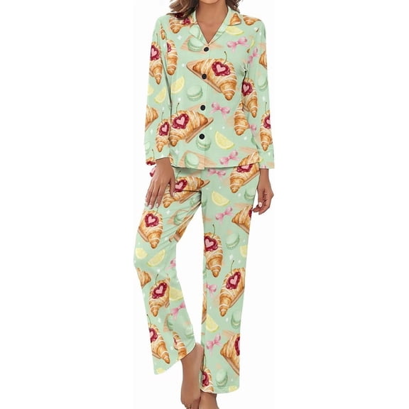 Top-kevin Womens Pajamas Set Croissant Pancake Strawberry Soft Long Sleeve Sleepwear Button Down Sets