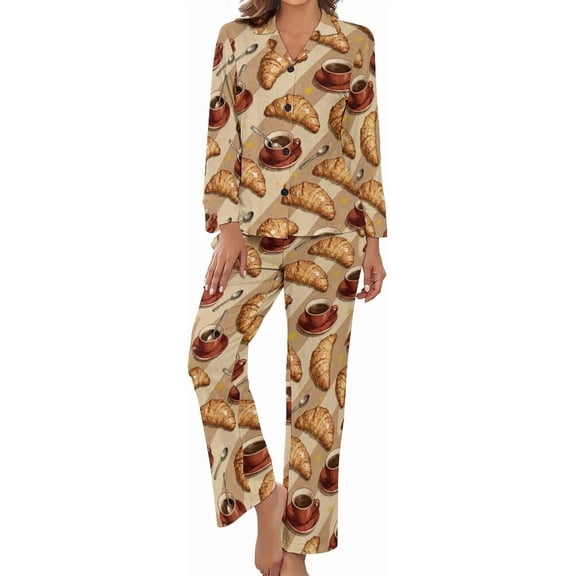 Top-kevin Womens Pajamas Set Croissant Pancake Strawberry Soft Long Sleeve Sleepwear Button Down Sets