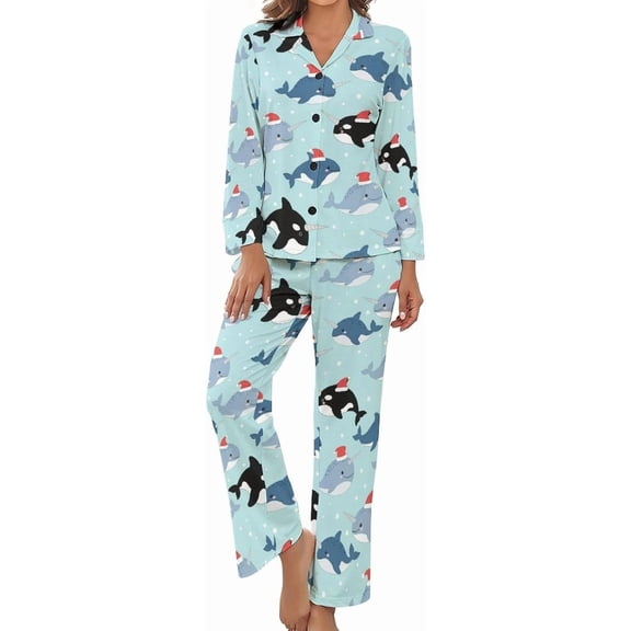 Top-kevin Womens Pajamas Set Cute Axolotl Christmas Soft Long Sleeve Sleepwear Button Down Sets