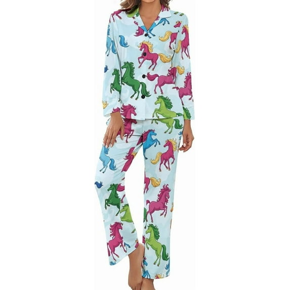 Top-kevin Womens Pajamas Set Cute Hippo Party Pattern Soft Long Sleeve Sleepwear Button Down Sets