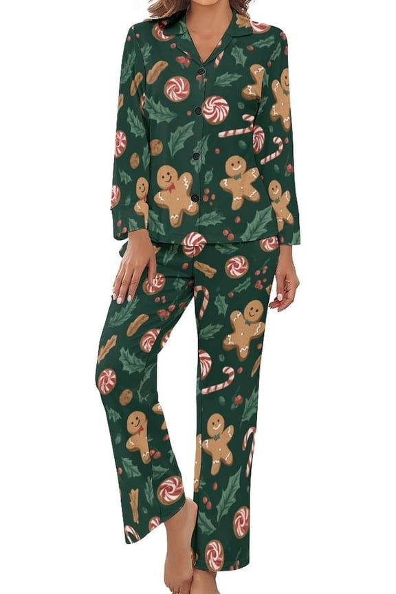 Womens Pajamas Set Gingerbread Candy Cane Soft Long Sleeve Sleepwear Button Down Sets