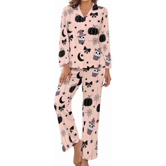 Top-kevin Womens Pajamas Set Halloween Pumpkins Skulls Soft Long Sleeve Sleepwear Button Down Sets