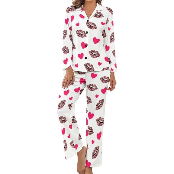 Top-kevin Womens Pajamas Set Hearts Leopard Lips Pattern Soft Long Sleeve Sleepwear Button Down Sets