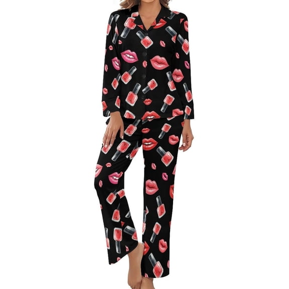 Top-kevin Womens Pajamas Set Lips Nail Polish Soft Long Sleeve Sleepwear Button Down Sets
