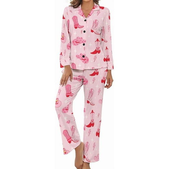 Top-kevin Womens Pajamas Set Retro Cowgirl Boots Hat Soft Satin Long Sleeve Sleepwear Button Down Nightwear Pj Lounge Sets