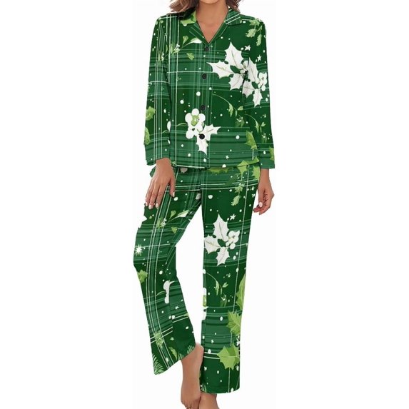 Top-kevin Womens Pajamas Set Stars Leaves Pattern Soft Long Sleeve Sleepwear Button Down Sets