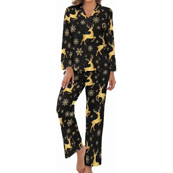 Top-kevin Womens Pajamas Set Stars Leaves Pattern Soft Long Sleeve Sleepwear Button Down Sets