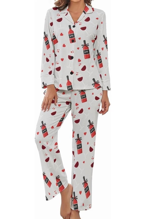 Womens Pajamas Set Wine Bottle Glass Hearts Soft Long Sleeve Sleepwear Button Down Nightwear Pj Lounge Sets