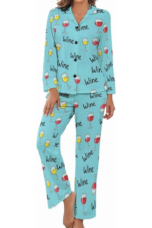 Womens Pajamas Set Wine Glasses Pattern Soft Long Sleeve Sleepwear Button Down Nightwear Pj Lounge Sets