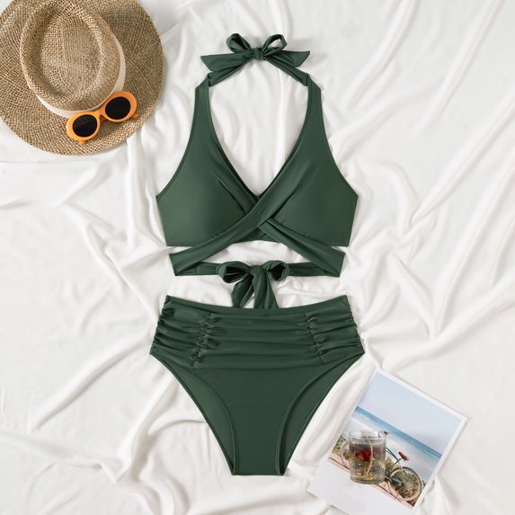 Top-kevin Womens Tummy Control Bathing Suits Modest High Waisted Bikini Sets Cute Halter 2 Piece Swim Suit