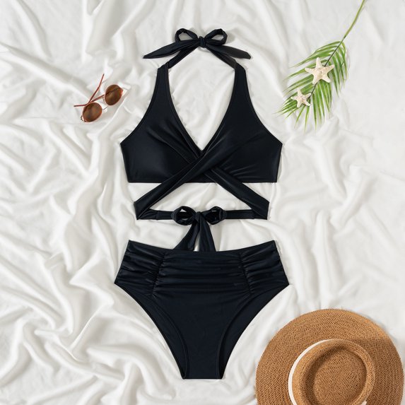 Top-kevin Womens Tummy Control Bathing Suits Modest High Waisted Bikini Sets Cute Halter 2 Piece Swim Suit