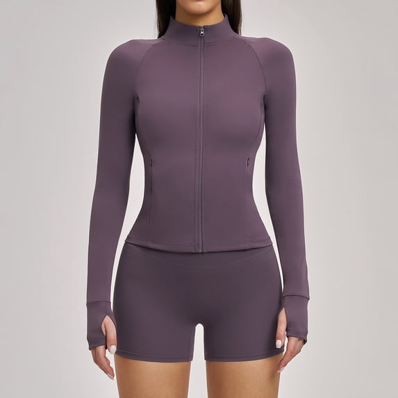 Top-kevin Womens Workout Sets Two Piece Long Sleeve Jacket Matching High Waist Shorts Sets Fall Winter Gym Work Out Clothes