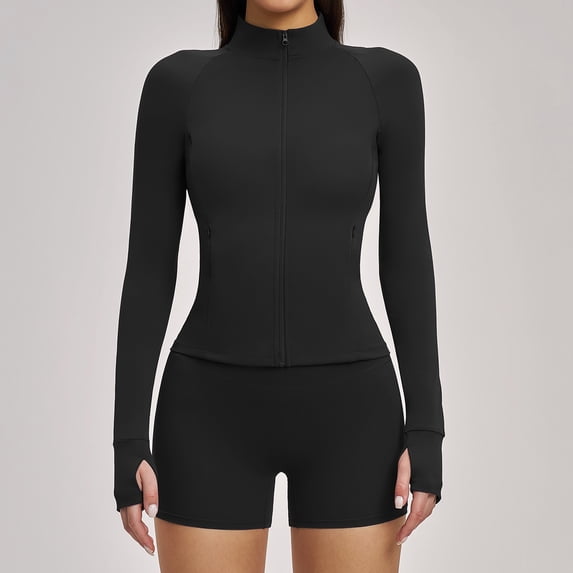 Top-kevin Womens Workout Sets Two Piece Long Sleeve Jacket Matching High Waist Shorts Sets Fall Winter Gym Work Out Clothes