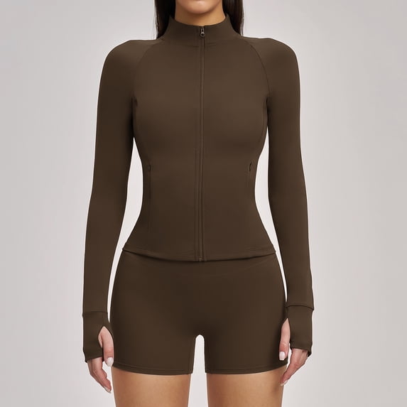 Top-kevin Womens Workout Sets Two Piece Long Sleeve Jacket Matching High Waist Shorts Sets Fall Winter Gym Work Out Clothes