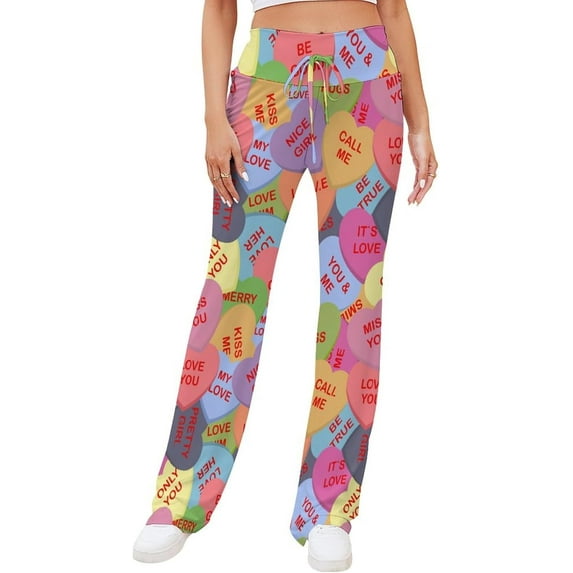 Top-kevin Womens Yoga Pants Colorful Candy Hearts Flare Loose Comfy Lounge Trouser Bootcut Leggings Drawstring