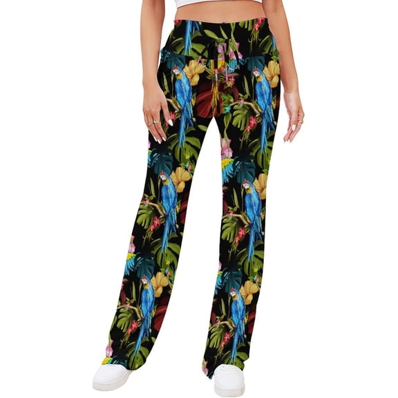 Top-kevin Womens Yoga Pants Parrot Leaf Colorful Flare Loose Comfy Lounge Trouser Bootcut Leggings Drawstring