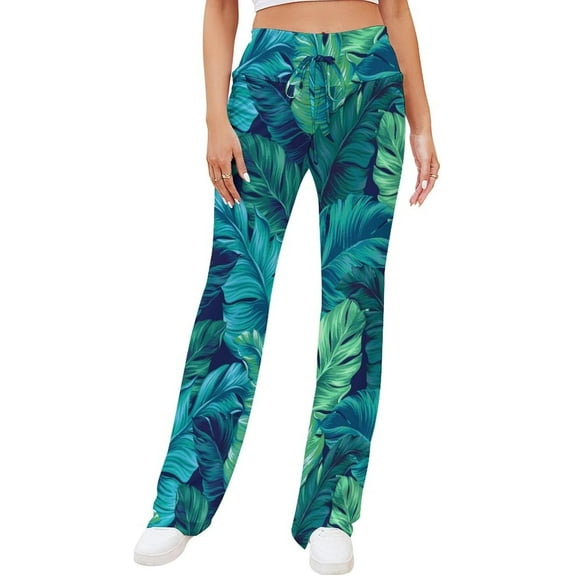 Top-kevin Womens Yoga Pants Tropical Leaf Turquoise Flare Loose Comfy Lounge Trouser Bootcut Leggings Drawstring