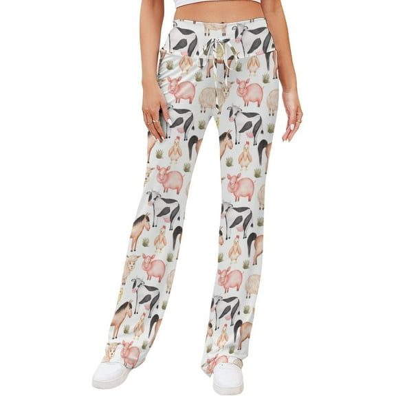 Top-kevin Womens Yoga Pants Watercolor Farm Animals Flare Loose Comfy Lounge Trouser Bootcut Leggings Drawstring