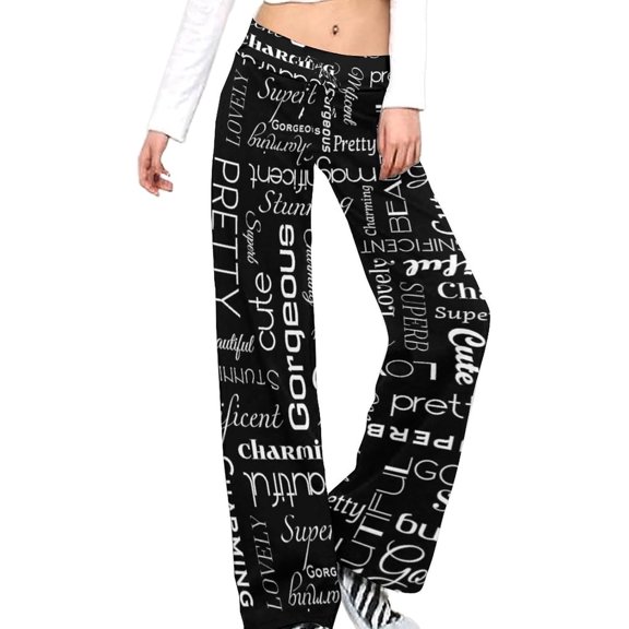 Top-kevin Womens Yoga Pants Words Doodle Flare Loose Comfy Lounge Trouser Bootcut Leggings Drawstring