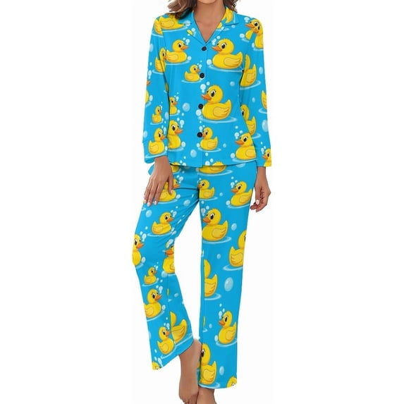 Top-kevin Yellow Rubber Ducks Pattern Women's Long-Sleeve Shirt And Full-Length Bottom Pajama Set