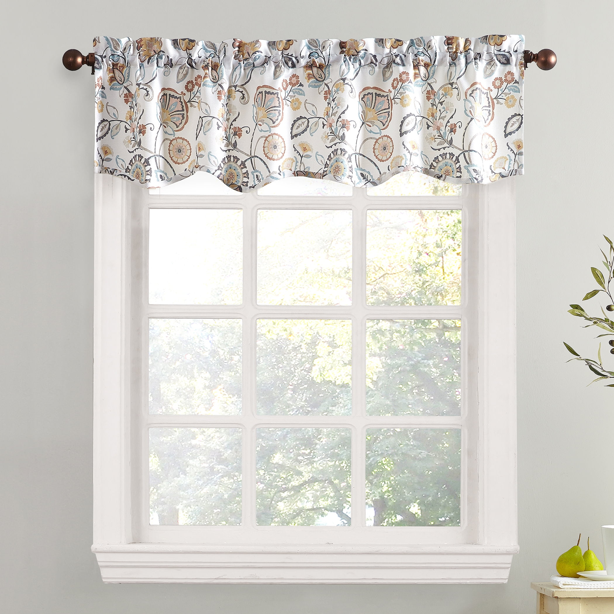 Signy Jacobean Pattern White Semi-Sheer Rod Pocket Kitchen Valance