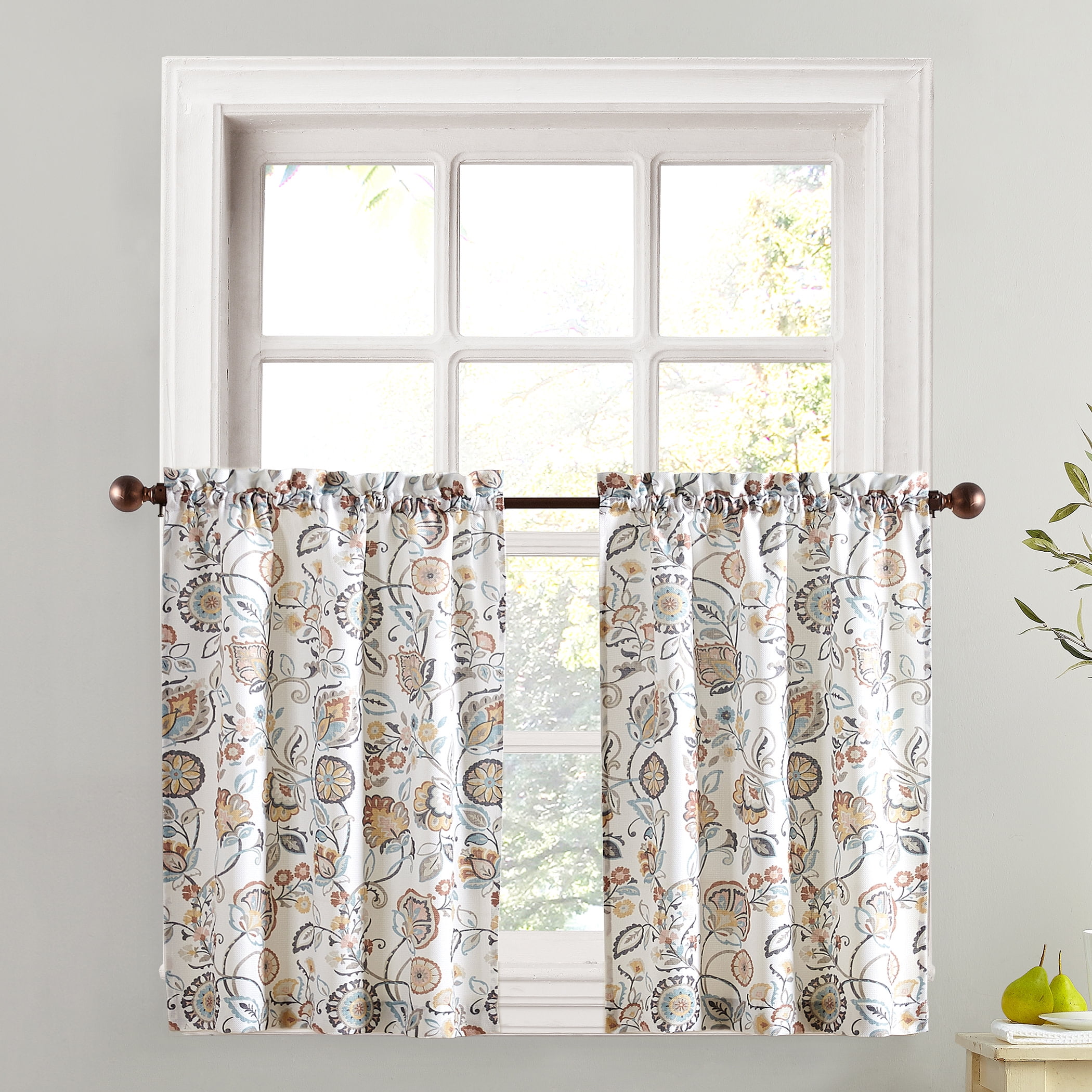 Signy Jacobean Pattern Light Filtering White Kitchen Curtain Tier Pair