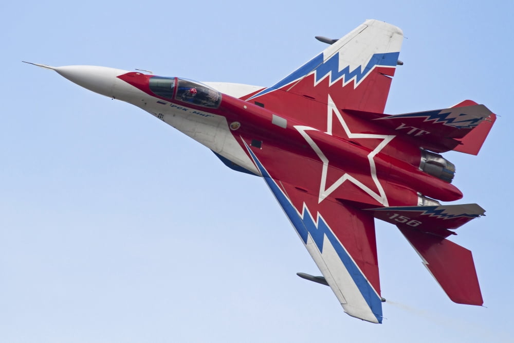 Top view of a Russian MiG-29OVT aerobatic aircraft Canvas Art - Anton BalakchievStocktrek Images (35 x 23)