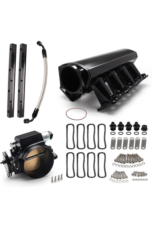 102MM Intake Manifold Sheet Metal Fabricated EFI with Fuel Rails and Throttle Body & Throttle Position Sensors TPS IAC Compatible with Chevrolet GMC Pontiac LS LS1 LS2 LS6 Black…