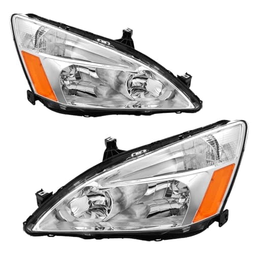 TopAutoGear for 2003 2004 2005 2006 2007 Honda Accord Headlight Assembly 2 / 4dr Clear Lens Chrome Housing with Amber Reflector Headlamp Replacement Left and Right Pair