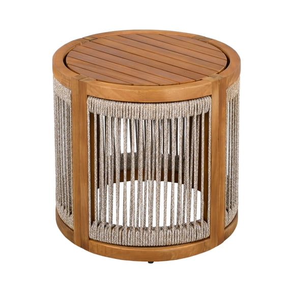 TopComfy 16.9" Wood Outdoor Side Table with Handwoven Rope Base Slatted Design Weather-Resistant Accent Table for Patio Deck Garden, Natural