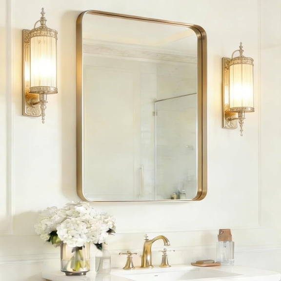 TopComfy 16x20" Bathroom Vanity Mirror with Matte Gold Metal Frame Rounded Rectangle Anti Rust Wall Mirror Horizontal or Vertical Hanging for Washroom Powder Room