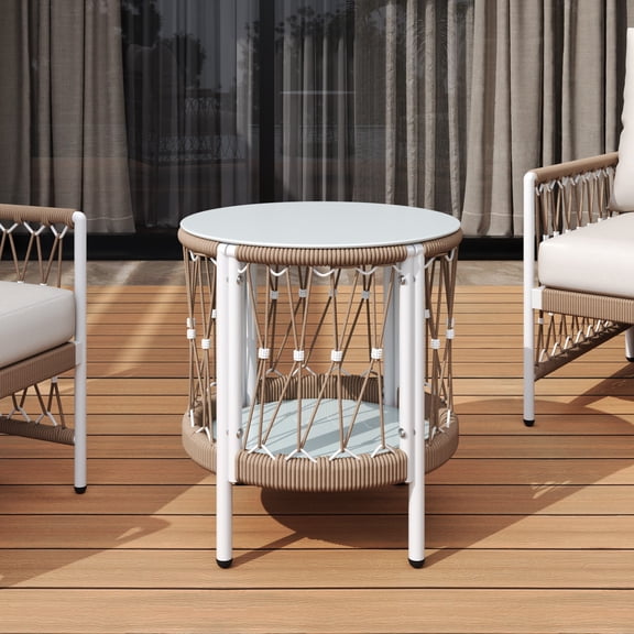 TopComfy 17.32" Garden Accent Table Outdoor Side Table with Handwoven Rope Glass Top Powder-Coated Steel Frame for Patio Poolside Balcony, Beige Natural