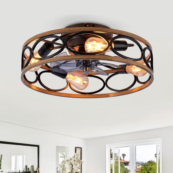 TopComfy 20-Inch Caged Ceiling Fan With 7 Blades Light Kit Remote Control Reversible DC Motor 6 Speed Timing Fan Lamp For Living Room Bedroom Matte Black