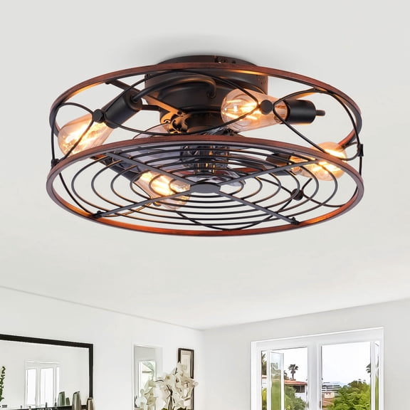 TopComfy 20-Inch Caged Ceiling Fan With Lights Remote Control Reversible DC Motor 6 Speed Timing Fan Lamp For Living Room Bedroom Matte Black+Wood Not Included Bulbs