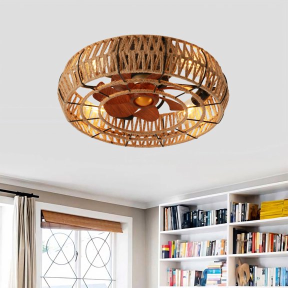 TopComfy 20-Inch Rope Caged Ceiling Fan With Light Remote Control 6 Speed Reversible DC Motor Quiet Operation For Living Room Bedroom Matte Black Not Included Bulbs
