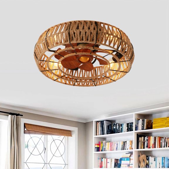 TopComfy 20-Inch Rope Caged Ceiling Fan With Light Remote Control 6 Speed Reversible DC Motor Quiet Operation For Living Room Bedroom Matte Black Not Included Bulbs