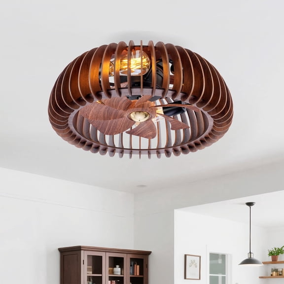 TopComfy 20-Inch Semicircle Modern Flush Mount Fan Light With Lights Remote Control 6 Speeds Quiet DC Motor For Living Room Bedroom Kitchen Wood