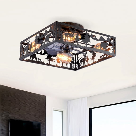 TopComfy 20-Inch Square Fabric Farmhouse Bladeless Flush Mount Ceiling Fan 6 Speed Reversible Remote Control For Bedroom Living Room Matte Black