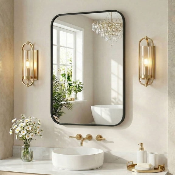 TopComfy 20" x 28" Rounded Corner Rectangular Bathroom Mirror Aluminum Frame Wall Mounted Tempered Glass Mirror for Bathroom Bedroom Living Room, Black