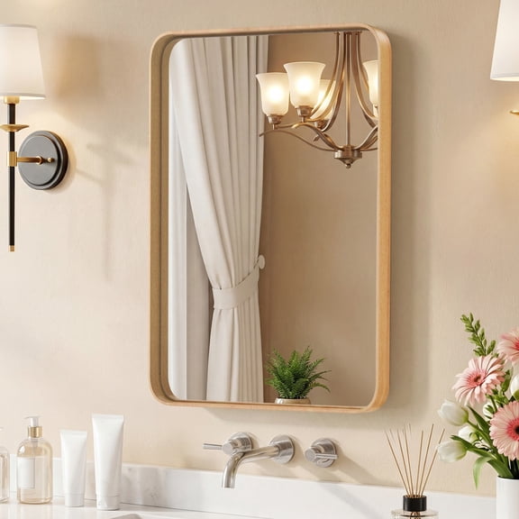 TopComfy 24x36 Inch Bathroom Mirror with Wood Grain Metal Frame Rounded Rectangle Anti Rust Wall Mirror Horizontal or Vertical Hanging for Vanity Washroom