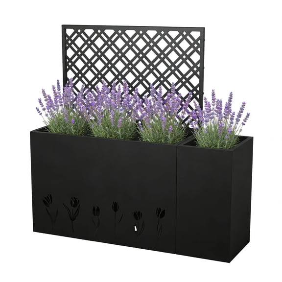 TopComfy 2Pcs Planter Trellis Combo Raised Garden Bed,Flower Climbing Vine Support Decor Plant Container Rust Resistant Drainage Planter Set for Balcony Yard Terrace, Black