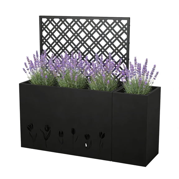 TopComfy 2Pcs Planter Trellis Combo Raised Garden Bed,Flower Climbing Vine Support Decor Plant Container Rust Resistant Drainage Planter Set for Balcony Yard Terrace, Black