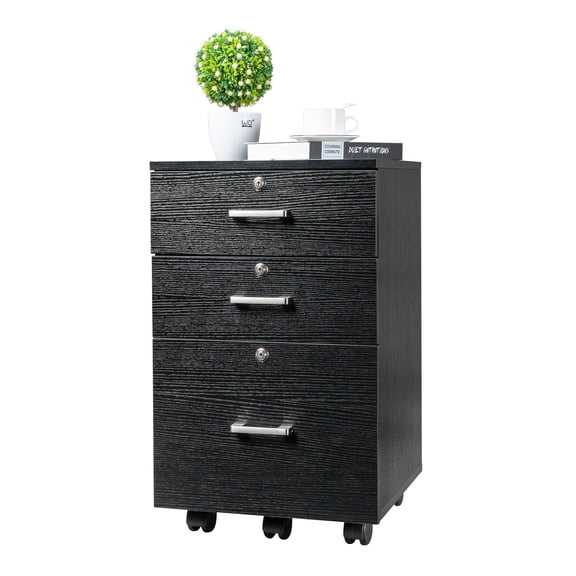 TopComfy 3 Drawer Nightstand Mobile Bedside Table Rolling Storage Cabinet Lockable Casters Space Saving Wooden Organizer for Bedroom Living Room Home Office, Black