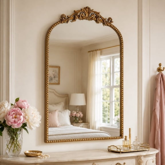 TopComfy 30" x 20" Arch Wall Mirror Antique Gold Baroque Decorative Mirror with Vintage Beaded Frame Ornate Scroll Design Vanity Mirror for Bedroom Entryway Living Room, Gold