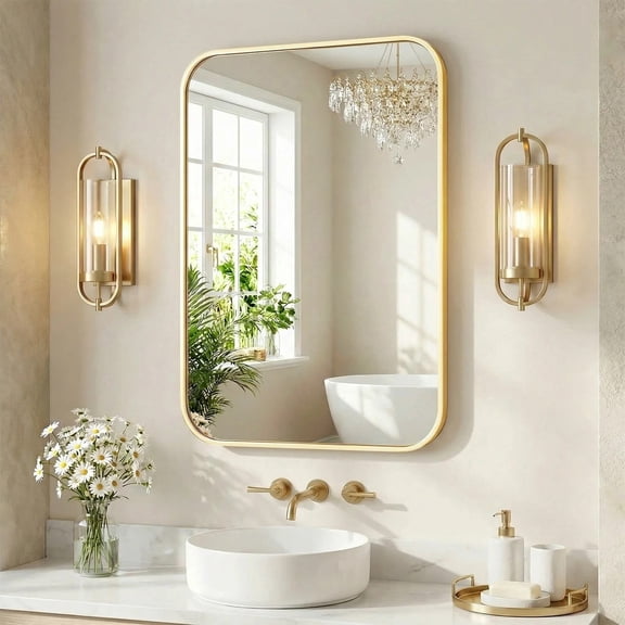 TopComfy 30" x 48" Rounded Corner Rectangular Bathroom Mirror Aluminum Frame Wall Mounted Tempered Glass Mirror for Bathroom Bedroom Living Room, Gold