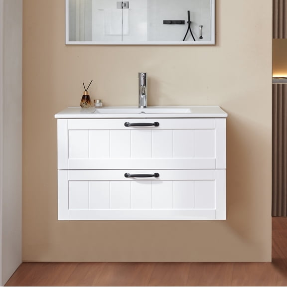 TopComfy 31.5" Wall Mounted Bathroom Vanity with Sink, Solid Wood Cabinet with Double Soft Close Drawers, Decorative Line Design for Bathroom, White