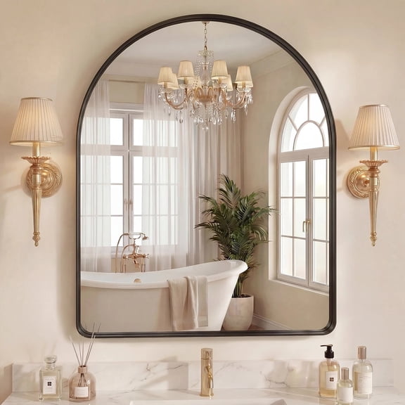 TopComfy 32x34 Inch Arched Bathroom Wall Mirror with Matte Metal Deep Frame HD Vanity Mirror Horizontal or Vertical Hanging for Bathroom Living Room Entryway, Black
