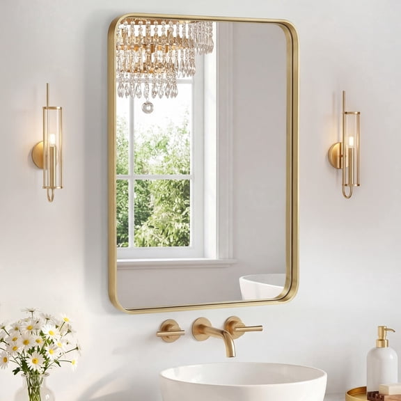 TopComfy 32" x 48" Vanity Wall Mirror with Matte Deep Frame Rounded Rectangle Tempered Glass Anti Rust Bathroom Mirror Horizontal or Vertical Hanging Gold